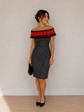 Frank Lyman Womens Off-Shoulder Polka Dot & Floral Dress Size 10 Black Red White